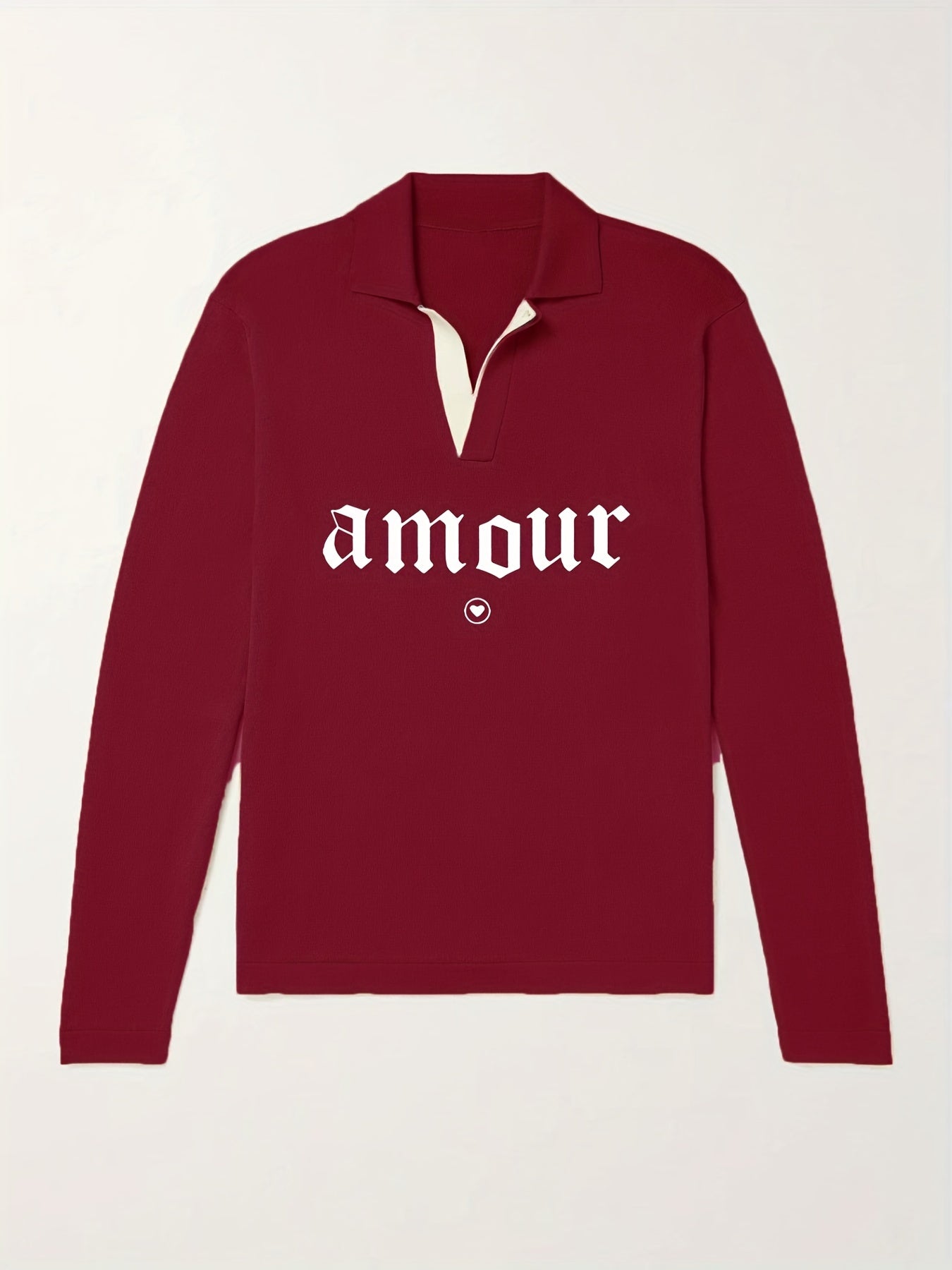 Amour Pattern Knit Polo Shirt Men's Casual Lapel Stretch V Neck Pullover Sweater