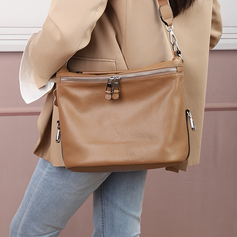 Vintage Leather Handbag Zipper Closure Adjustable Strap