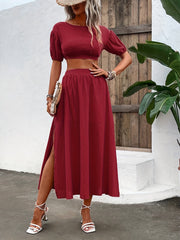 Solid Two Piece Set Crop Top & Split Skirt Outfit