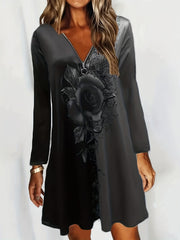  Colorblock Floral Print Zipper Long Sleeve V Neck Dress