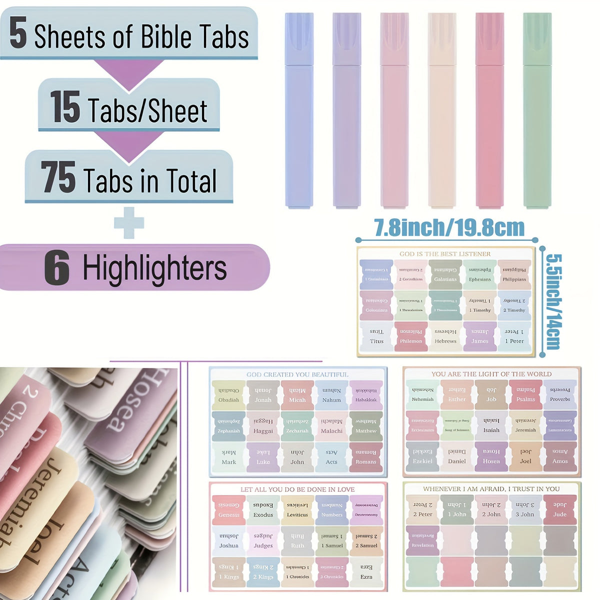 75 Bible Tabs & 6 Highlighters Set - Colorful Tabs for Women