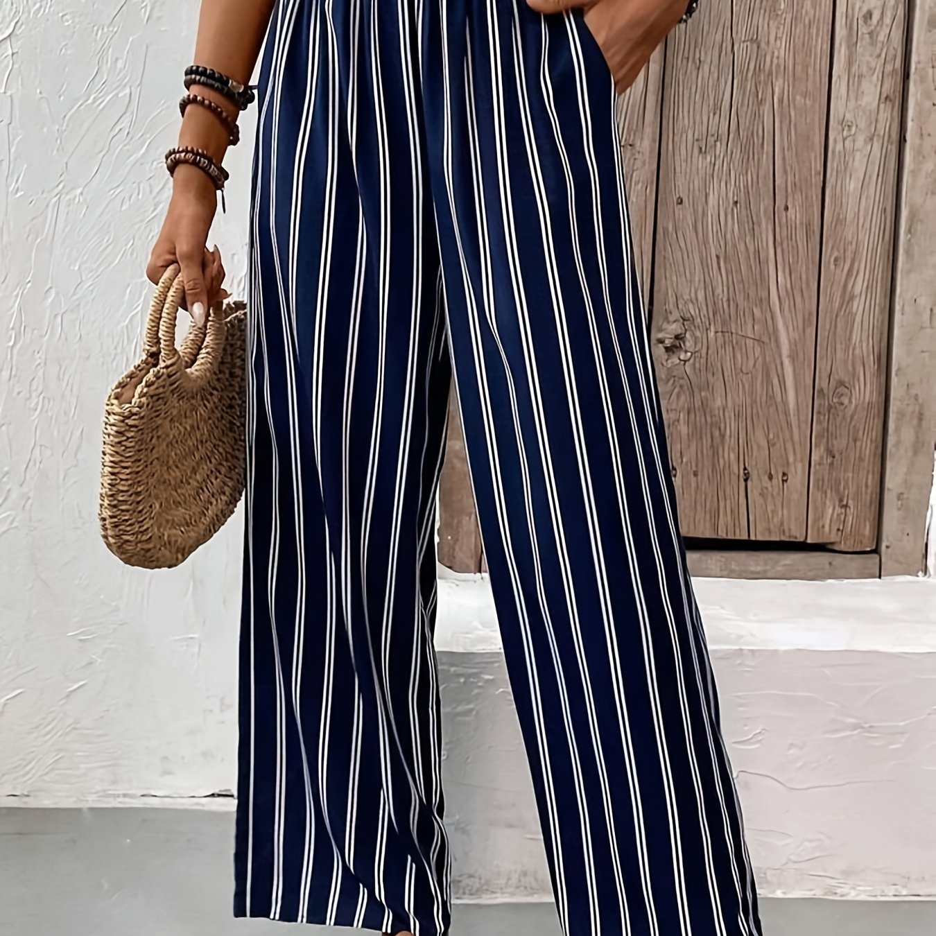  Stripe Ruffle High Rise Wide Leg Trousers