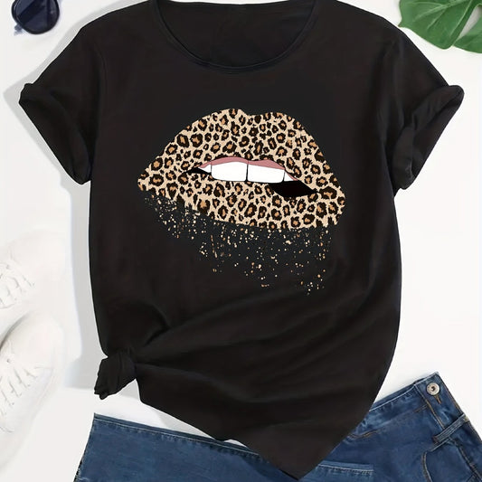 Leopard Print Lips Graphic Sports T Shirt for Women