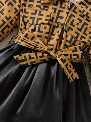 Girls Long Sleeve Pattern Print Contrast Dress With Bow Front