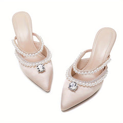 Women's Pearl & Rhinestone Slingback Mules High Heels