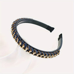 Vintage PU Leather Headband Chain Braided Hair Band Metal Head Hoop
