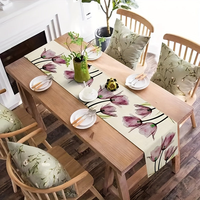 Linen Table Runner Retro Tulip Flower Kitchen Dinner Long Runner