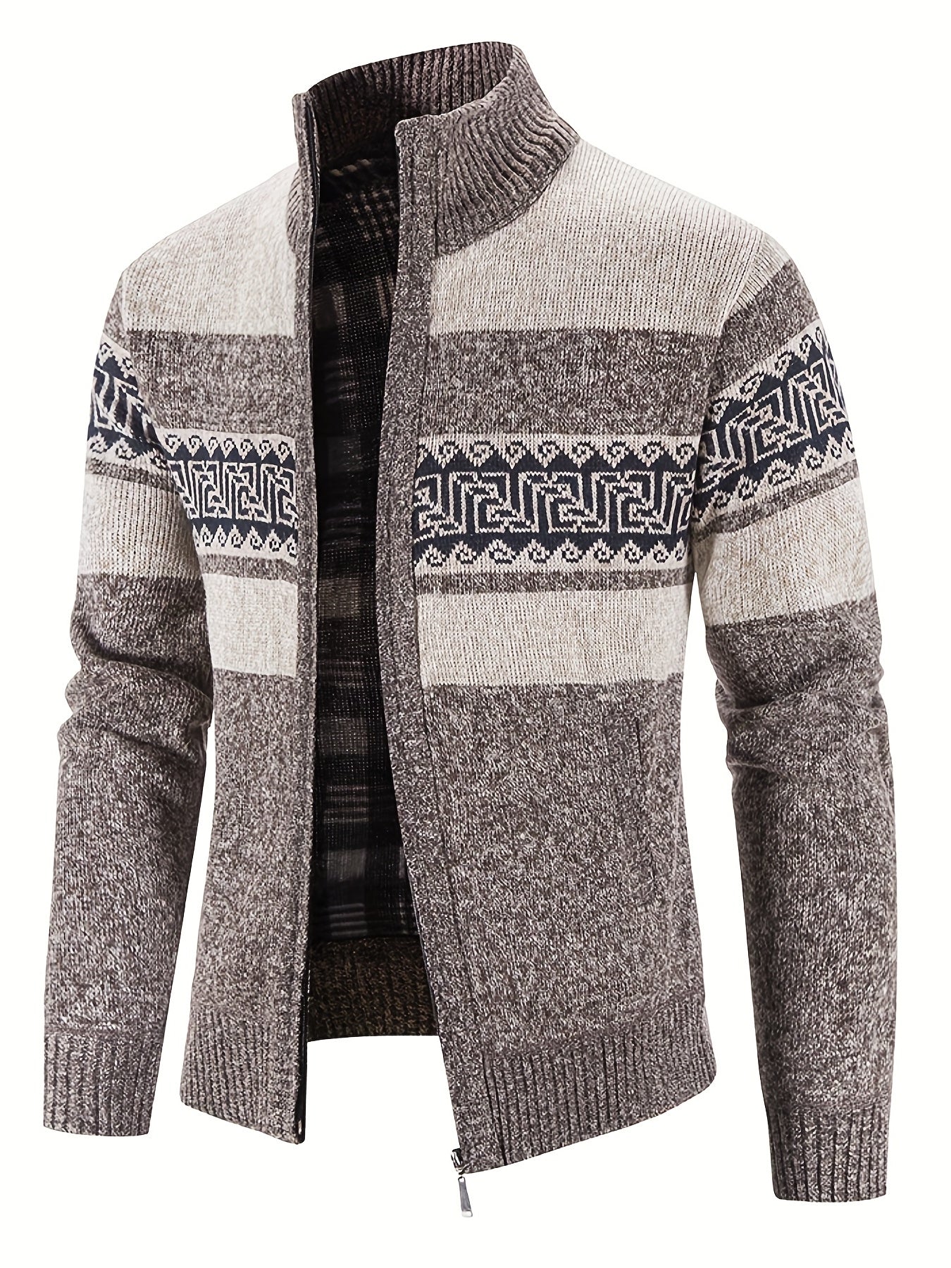 Geometric Pattern Stand Collar Cardigan Men's Zip Up Jacket