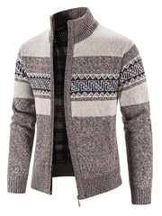 Geometric Pattern Stand Collar Cardigan Men's Zip Up Jacket