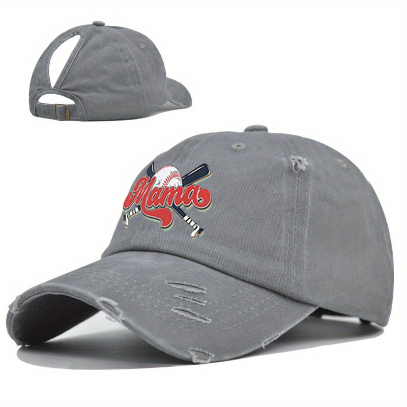 MAMA Ponytail Ripped Baseball Cap Washed Distressed Dad Hat