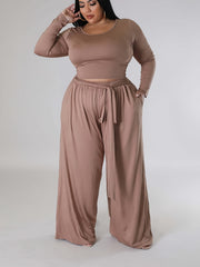Plus Solid Long Sleeve Round Neck Crop Top & Belted Wide Leg Pants Outfit Set