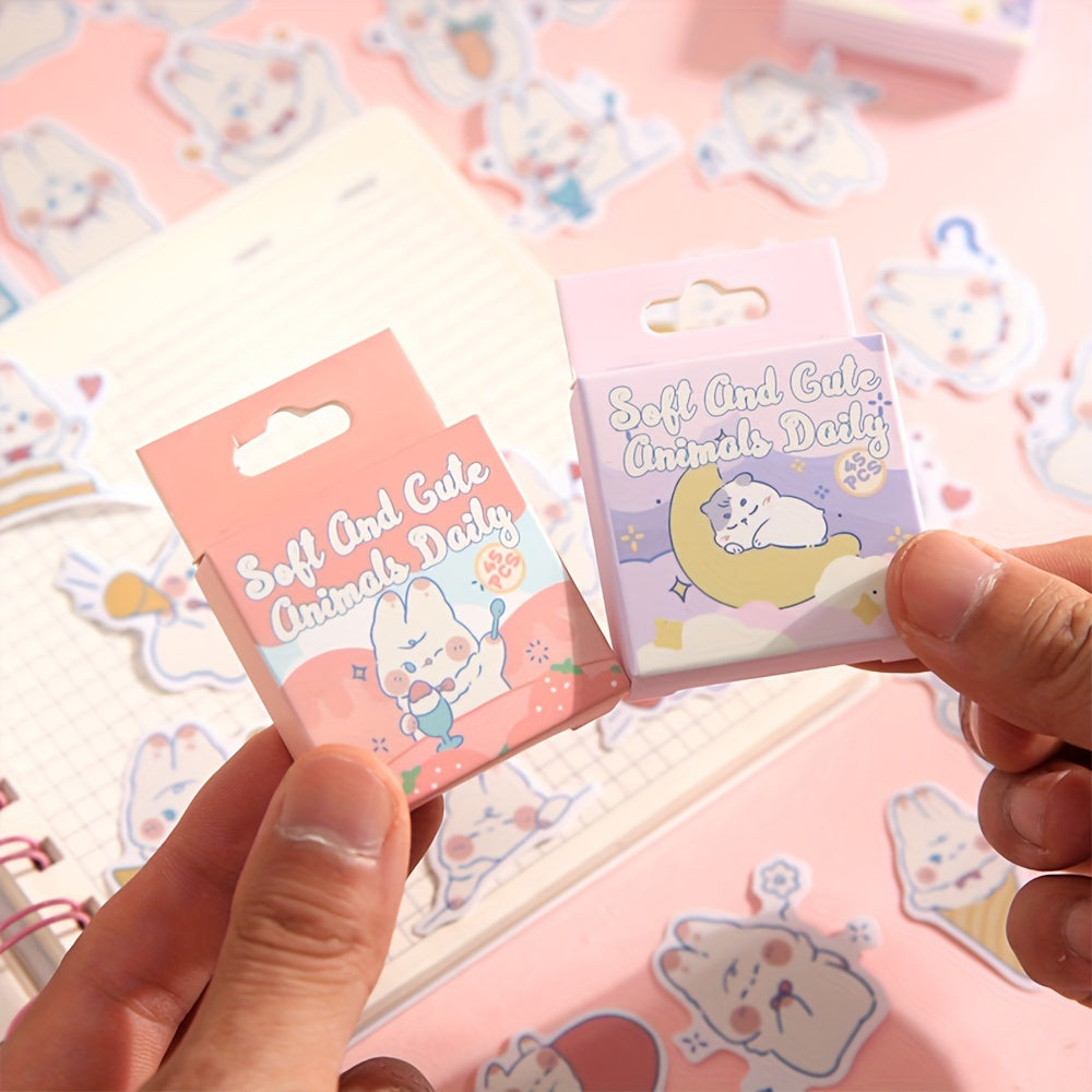 45pcs Non-Repeating Cartoon Stickers - Rabbit, Cat, Seal - 4.1x4.1 Inches
