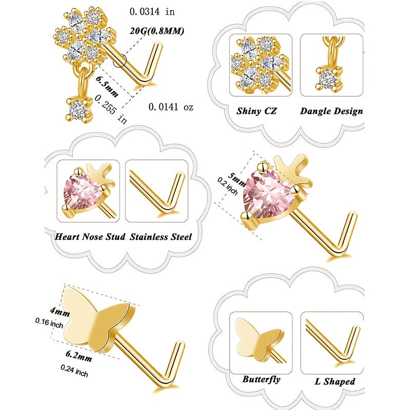 Heart Moon Butterfly CZ Nose Rings Studs 20G Stainless Steel Punk Nose Piercing