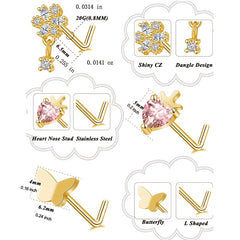 Heart Moon Butterfly CZ Nose Rings Studs 20G Stainless Steel Punk Nose Piercing