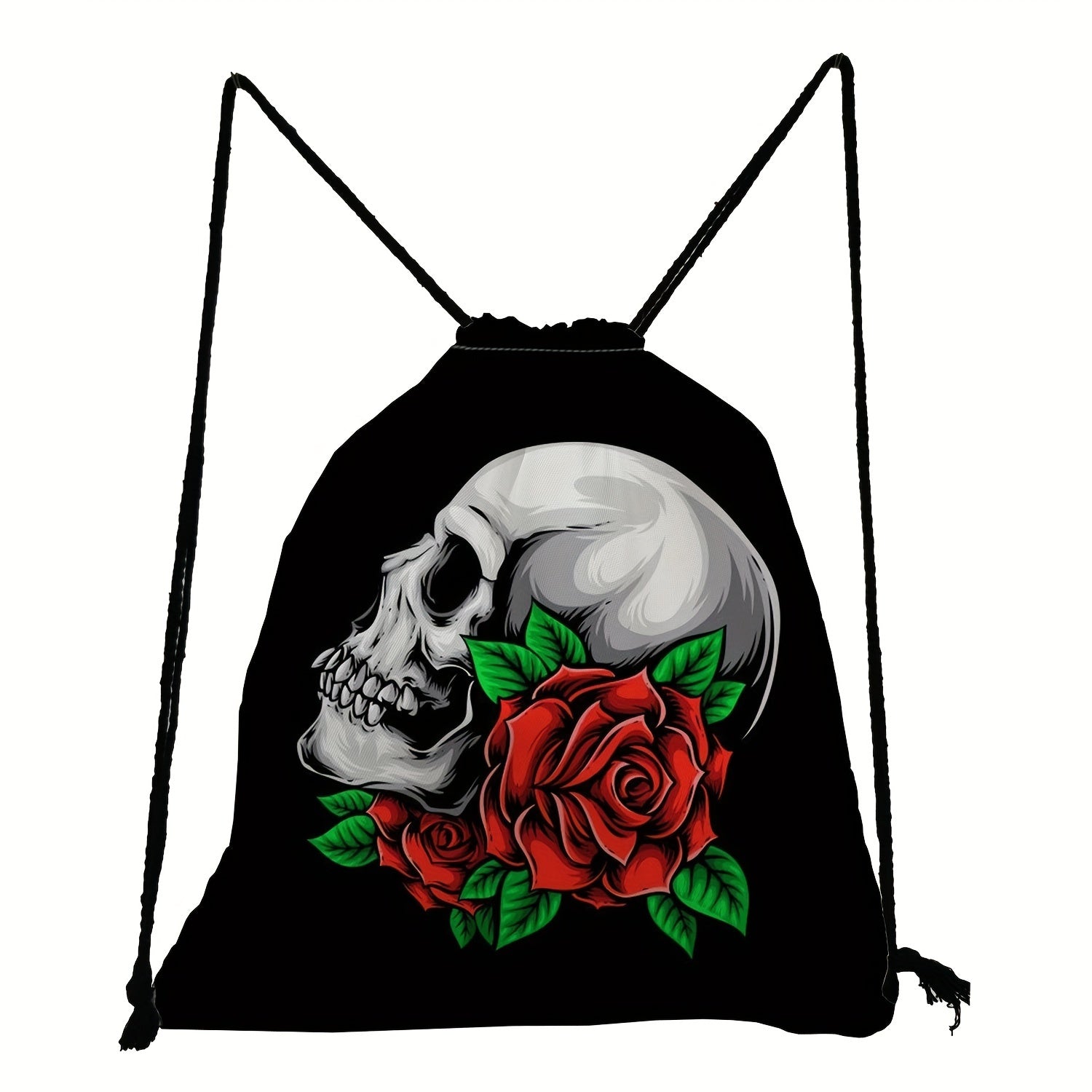 Skull & Flower Print Backpack Drawstring Sports Bag Lightweight Punk Gym Bag