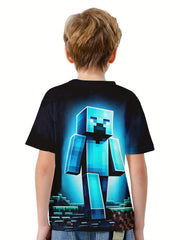 Pixel Man 3D Print Boy's Tee Short Sleeve Crew Neck T-shirt for Kids
