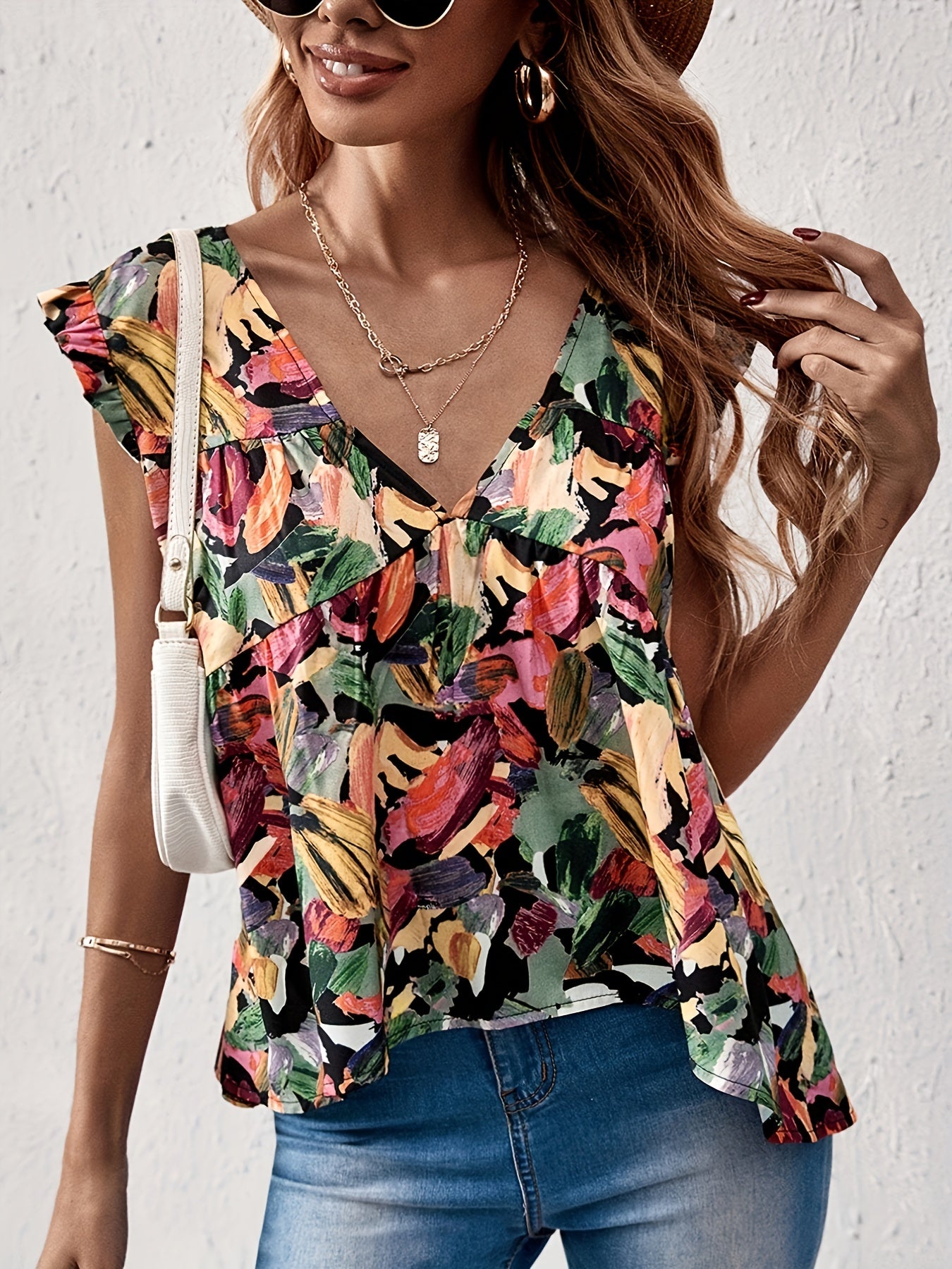 Ruffle Trim V Neck Top Cap Sleeve Casual