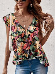 Ruffle Trim V Neck Top Cap Sleeve Casual