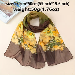 Vintage Flower Print Casual Scarf Dark Green Golden Gradient Gauze Shawl