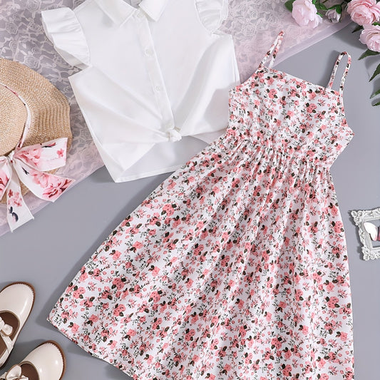 Girls 2pcs Skirt Set Twist Knot Shirt & Cami Dress Summer Clothes