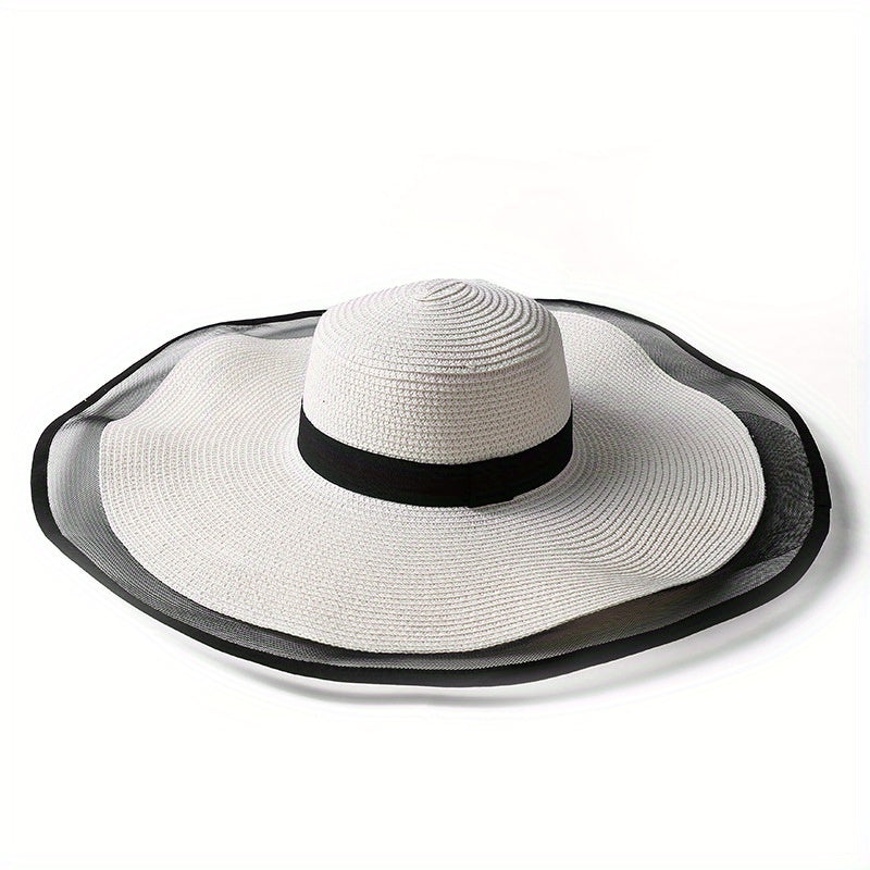 Oversized Mesh Brim Sun Hat Solid Vintage Straw Floppy Summer Travel