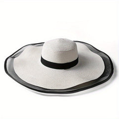 Oversized Mesh Brim Sun Hat Solid Vintage Straw Floppy Summer Travel