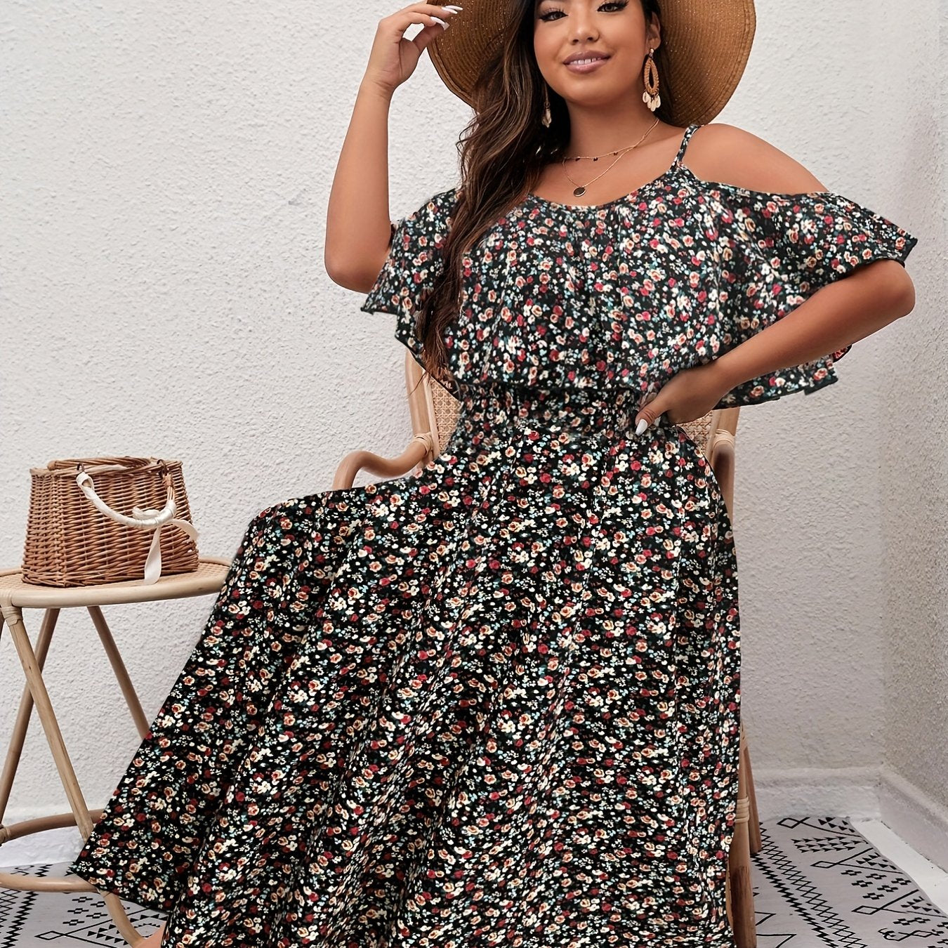 Ditsy Print Cold Shoulder Ruffle Trim Midi Dress