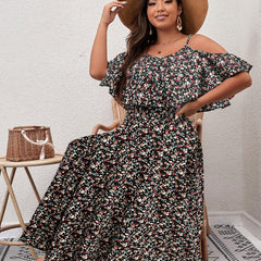  Ditsy Print Cold Shoulder Ruffle Trim Midi Dress