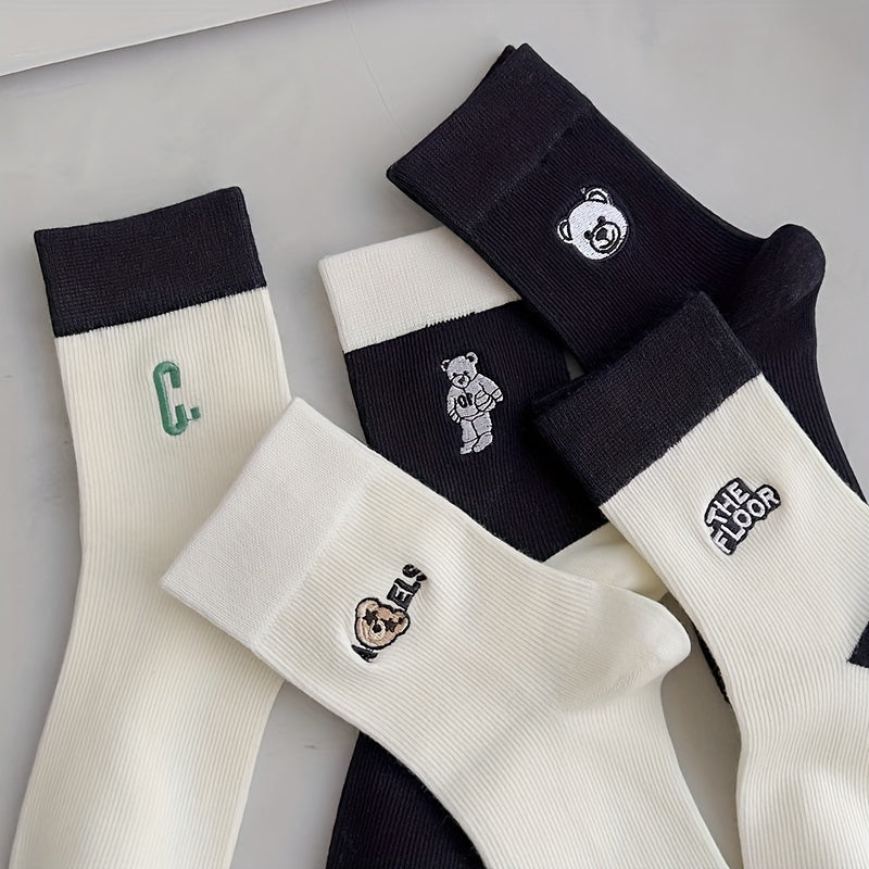 5 Pairs Bear Pattern Socks for Women, Comfy & Mid Tube Stockings