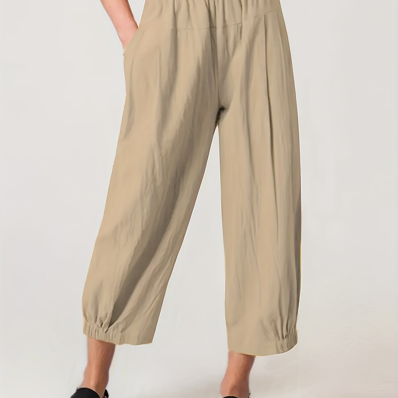  Casual Pants Women's Plus Solid Elastic High Rise Loose Fit Trousers