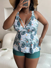  Tropical Print Tankini Set with Cross Front Tank Top & Shorts