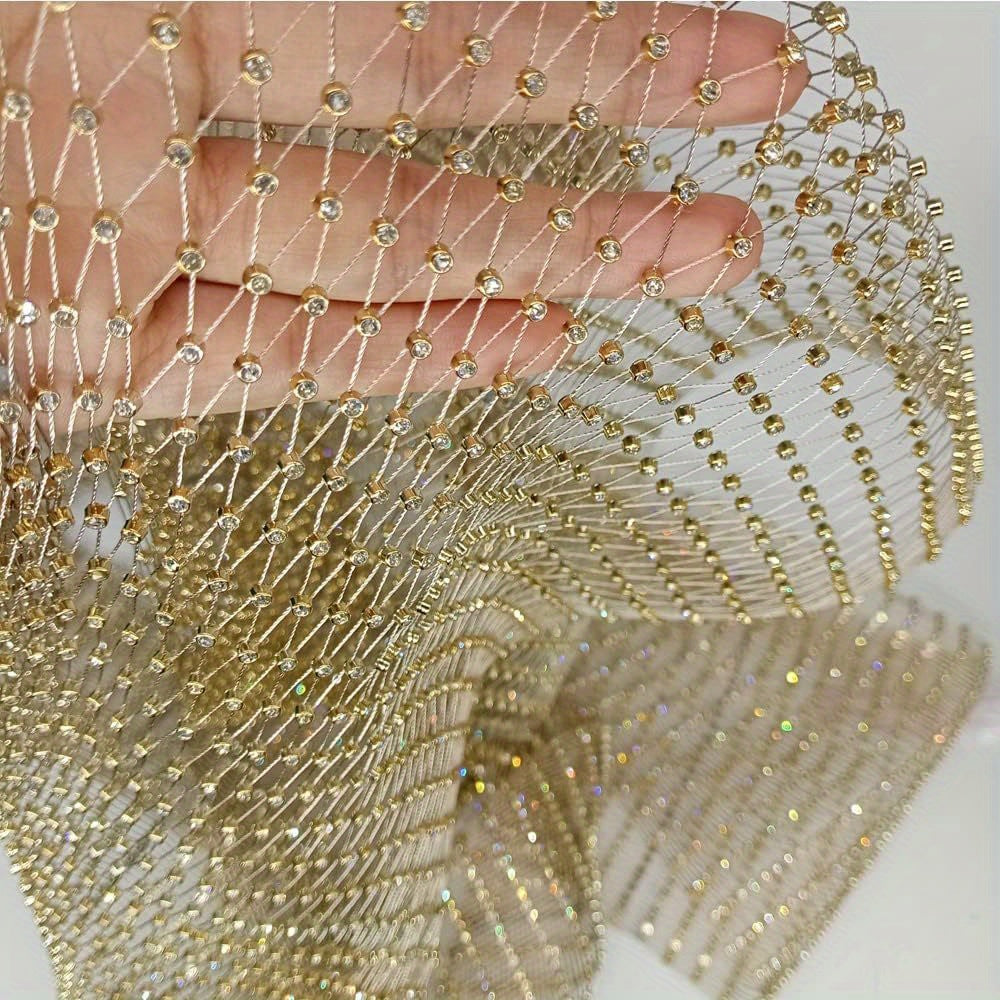Golden Crystal Rhinestone Fishnet Fabric One Yard DIY Costume Mask Headband