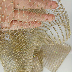 Golden Crystal Rhinestone Fishnet Fabric One Yard DIY Costume Mask Headband