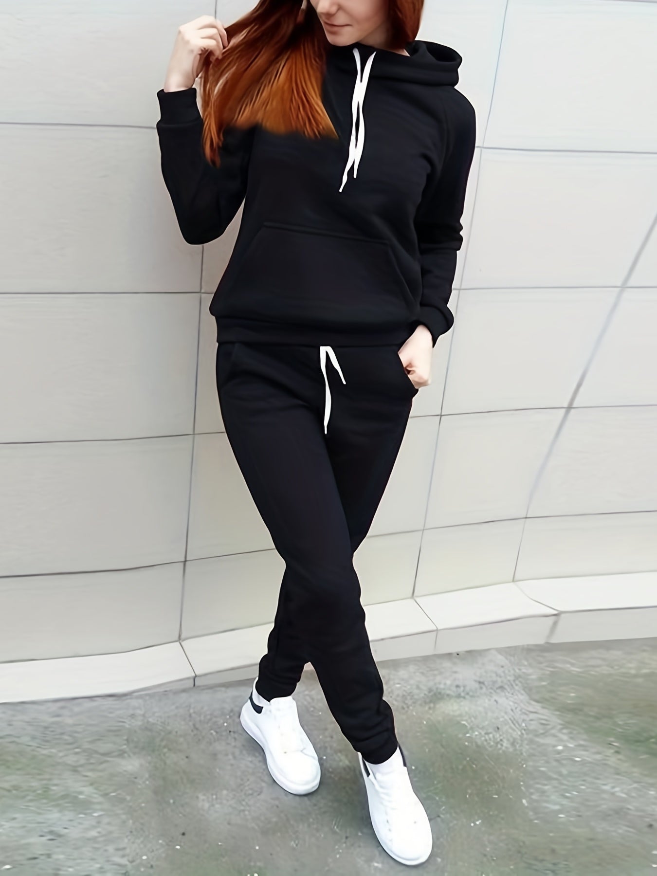 Solid Two-Piece Set Hoodie & Pants Outfit