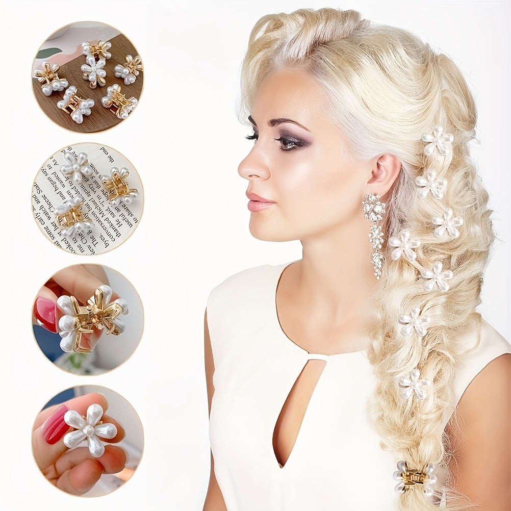 10pcs Faux Pearl Hair Clips with Flower Embellishments