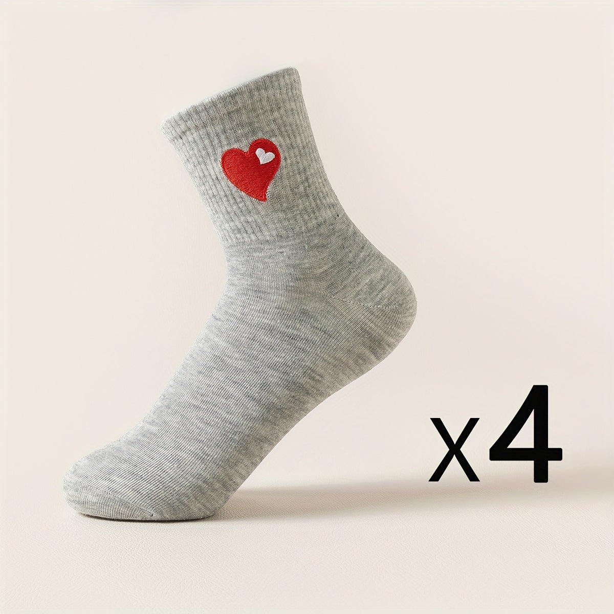 4 Pairs Heart Embroidery Socks Mid Tube Stockings
