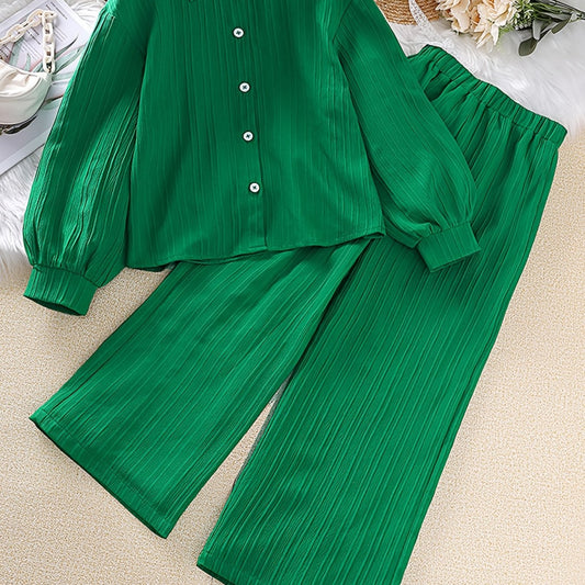 Girls Long Sleeve Button Down Blouse Top & Elastic Waist Wide Leg Pants 2pcs Set