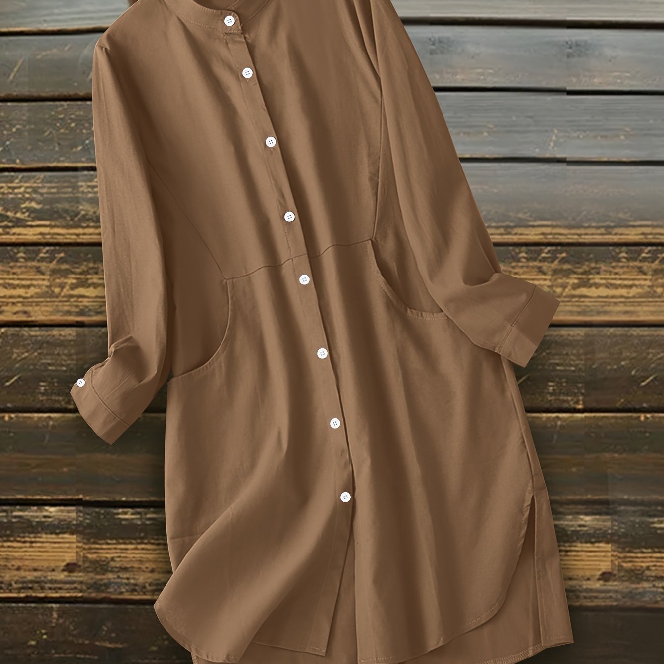 Plaid Print Button Up Stand Collar Longline Shirt