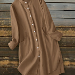  Plaid Print Button Up Stand Collar Longline Shirt
