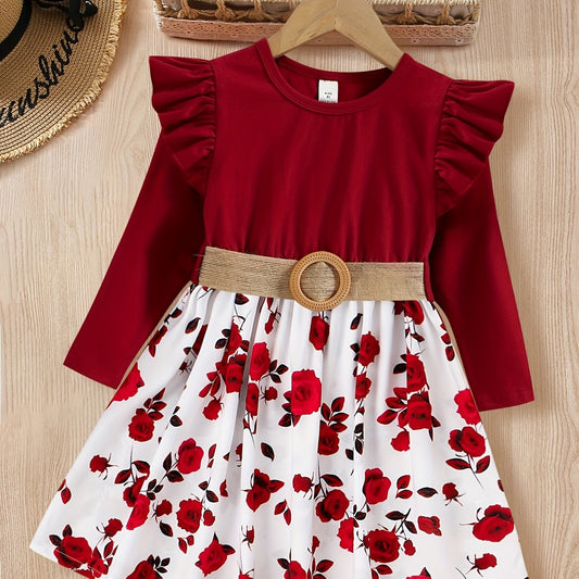 Girls' Rose Floral Frill Trims Long Sleeve Casual Dress