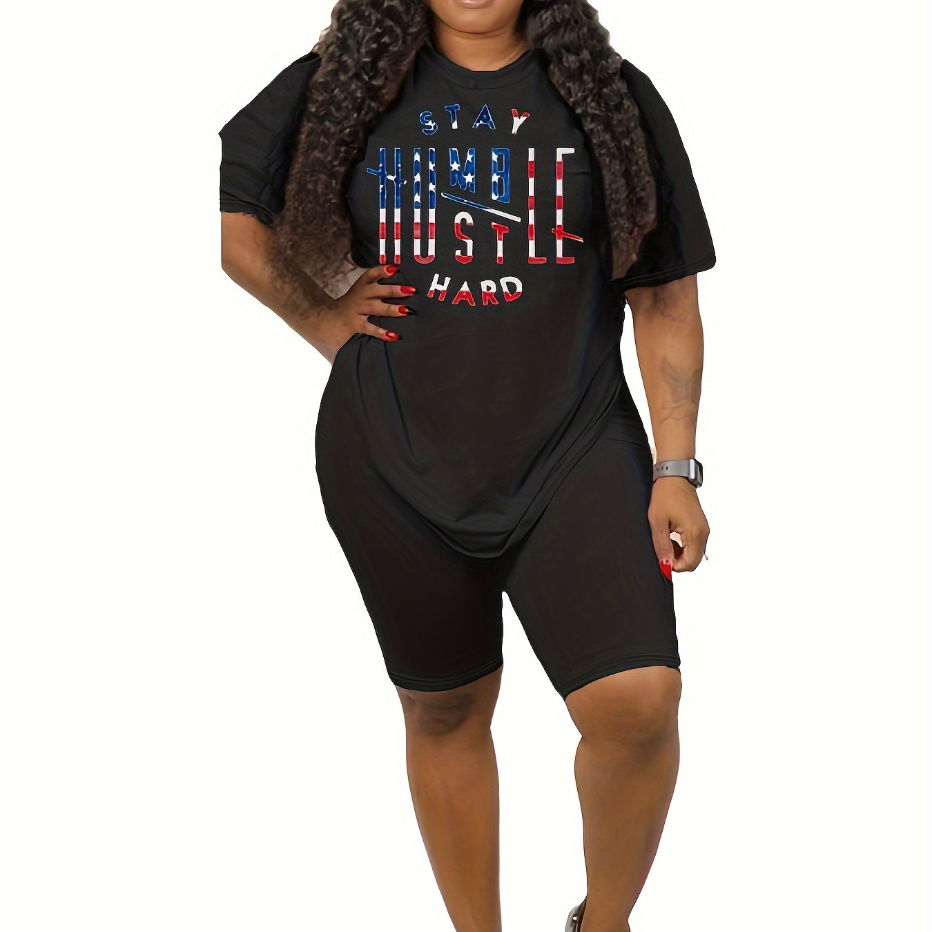  Two Piece Set Women's Flag Print Short Sleeve Tee & Shorts Set