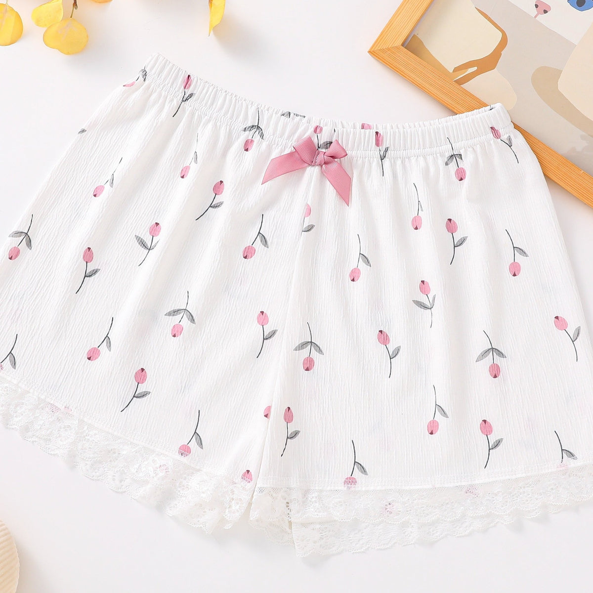 Floral Print Lace Trim Bow Shorts Soft & Comfy Sleepwear
