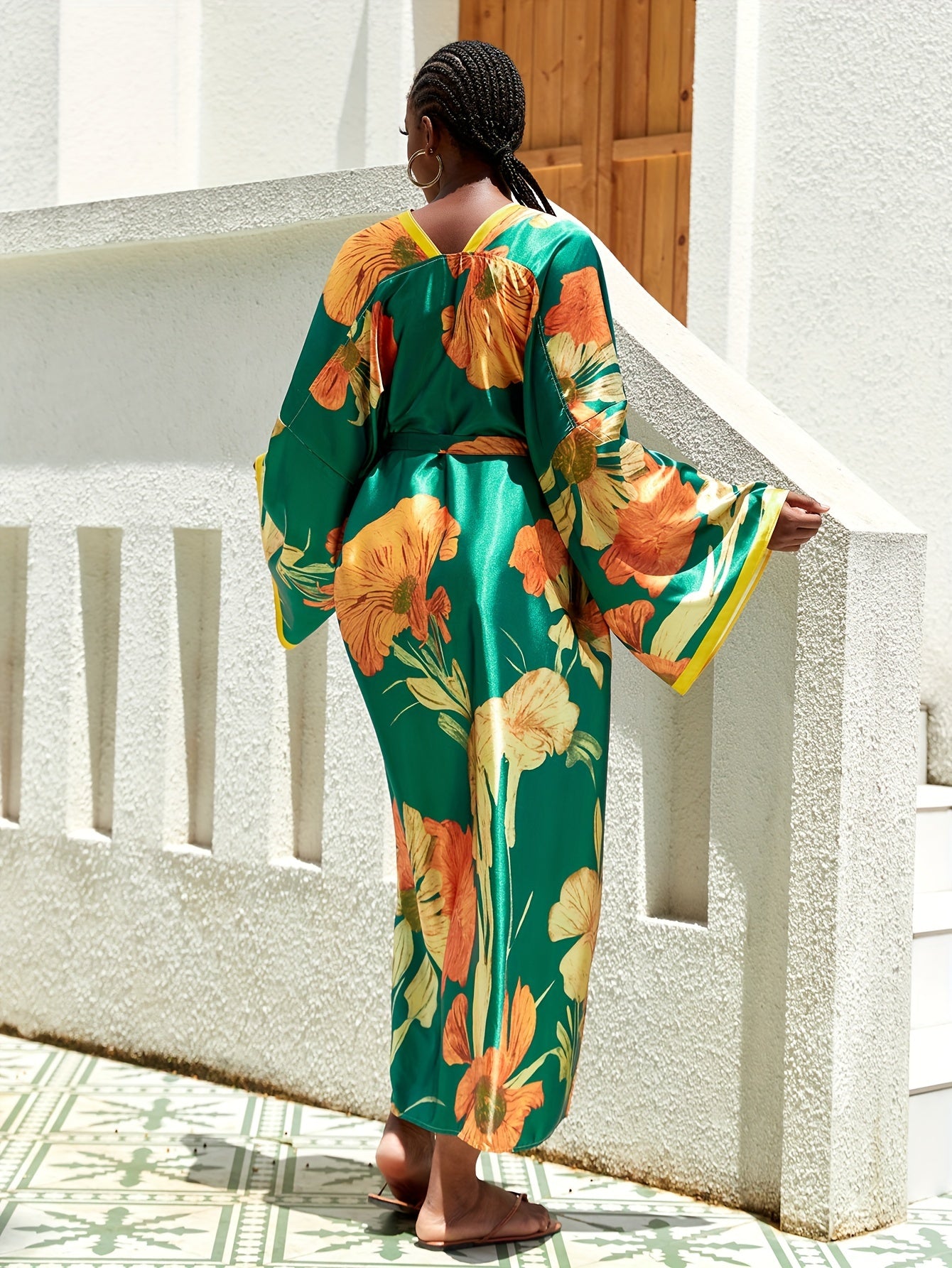 Boho Kimono Women's Plus Lotus Print Open Front Belted Cover Up