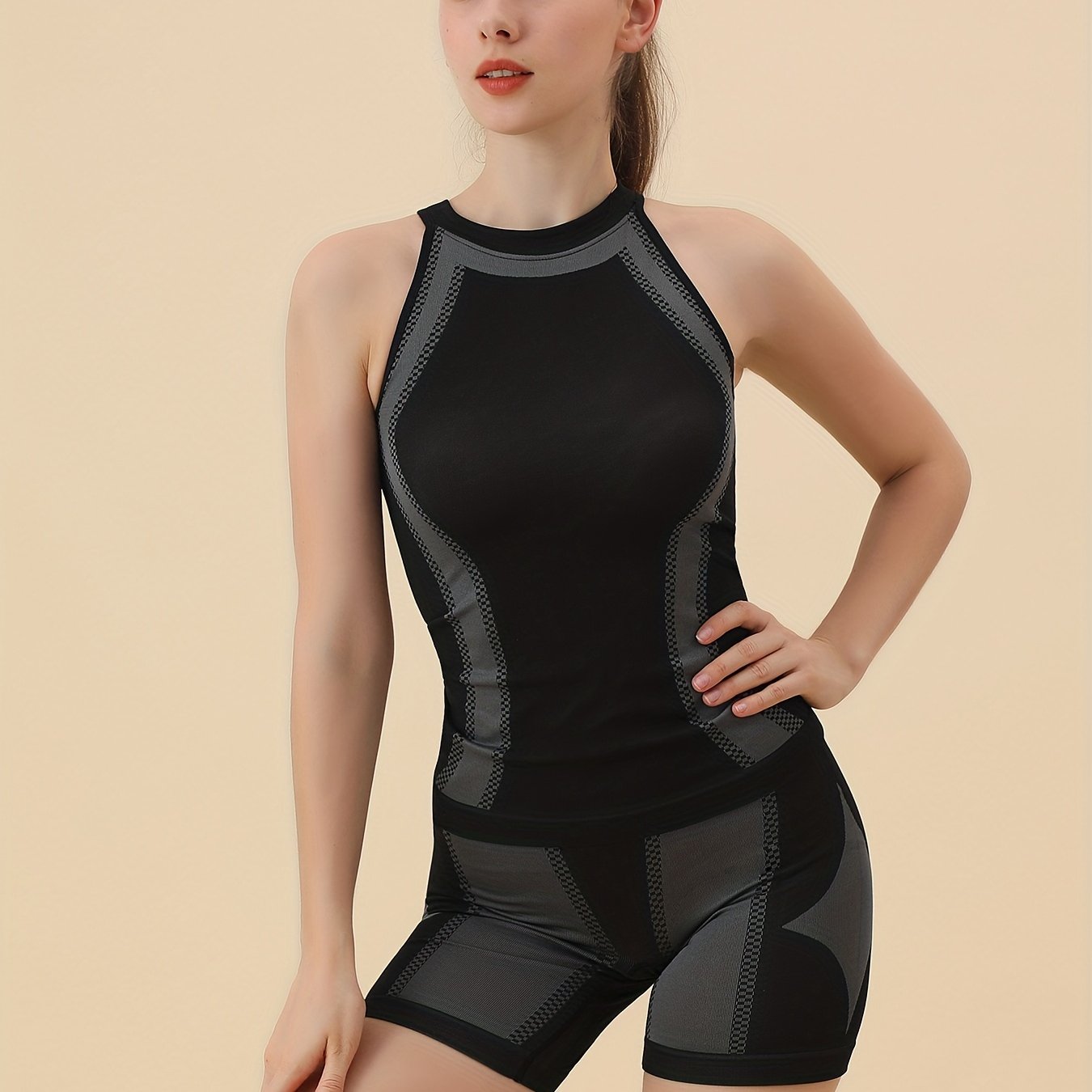 2 Pcs Round Neck Yoga Sets High Stretch Tummy Control Fitness Suit