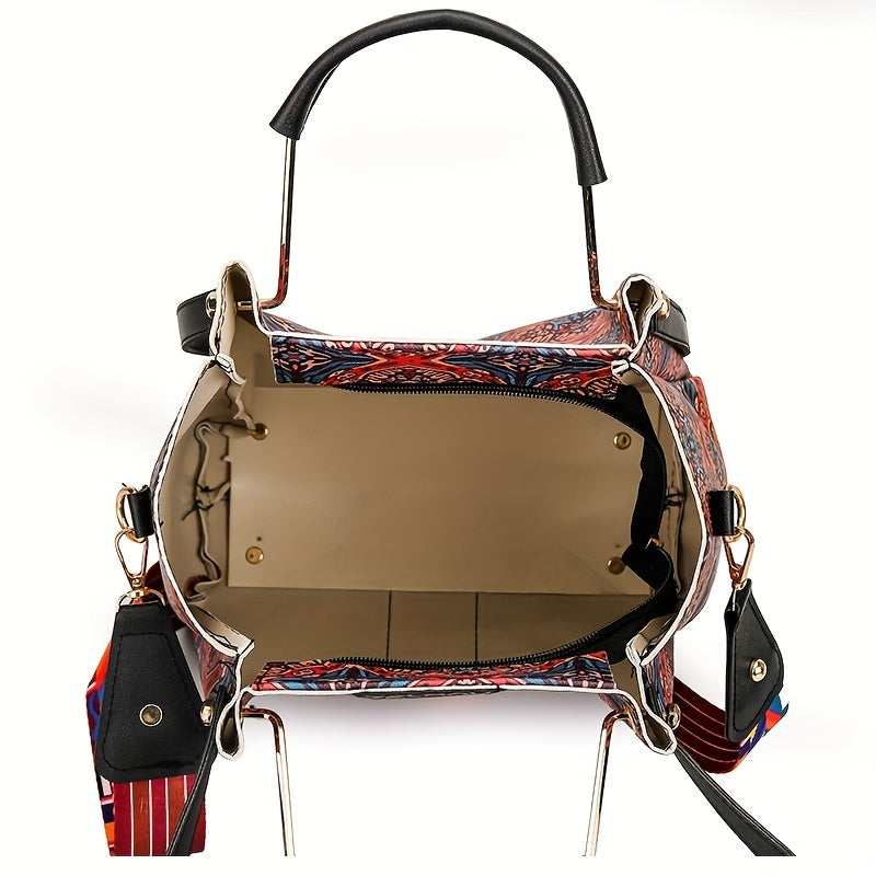 Vintage Flower Print Handbag Set Ethnic Style Shoulder Bag With Clutch