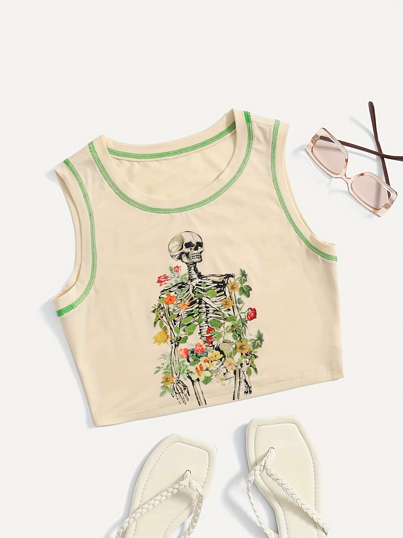 Skull Print Crop Tank Top Y2K Sleeveless Summer Women's Clothing