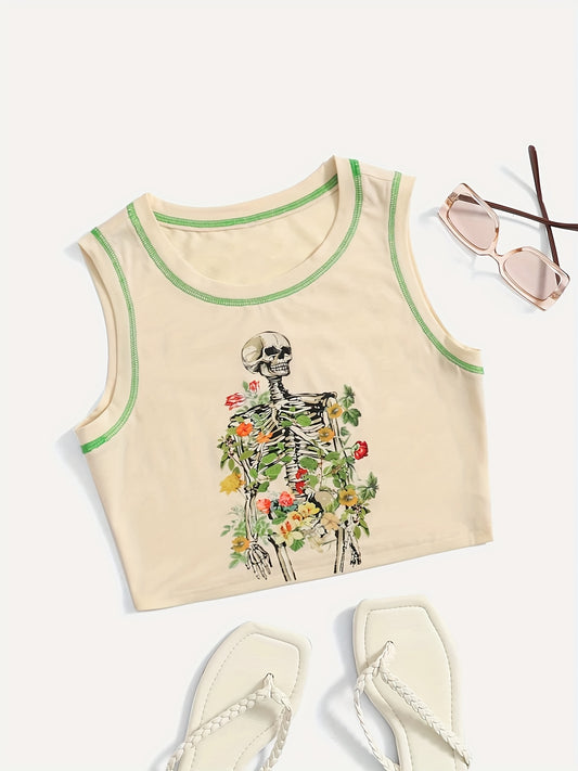 Skull Print Crop Tank Top Y2K Sleeveless Summer Women's Clothing
