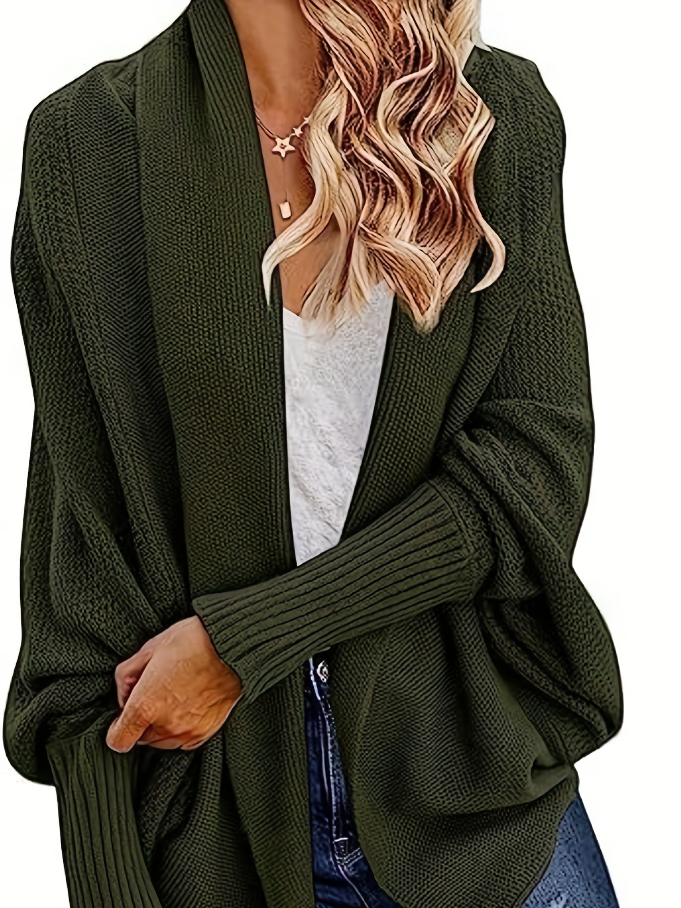  Solid Batwing Sleeve Shawl Collar Open Front Cardigan