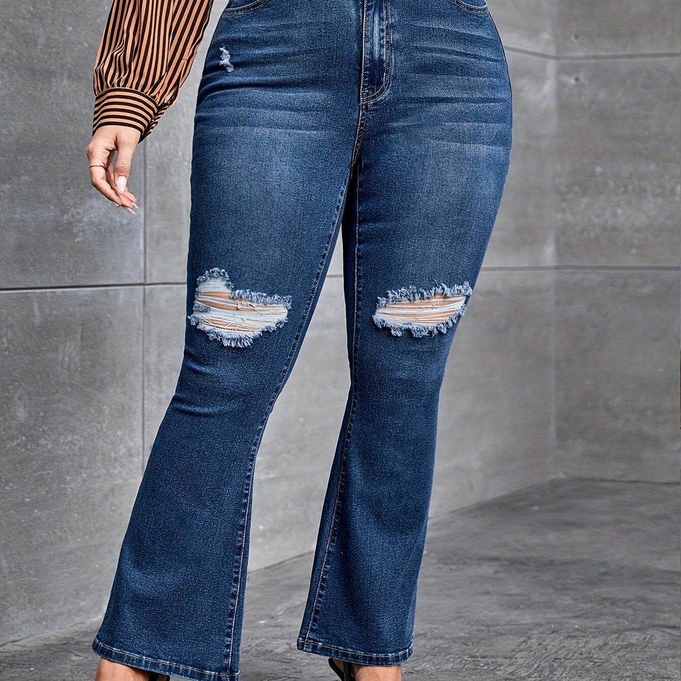High Rise Ripped Flared Jeans Plus Size Stretch Denim Pants