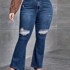 High Rise Ripped Flared Jeans Plus Size Stretch Denim Pants